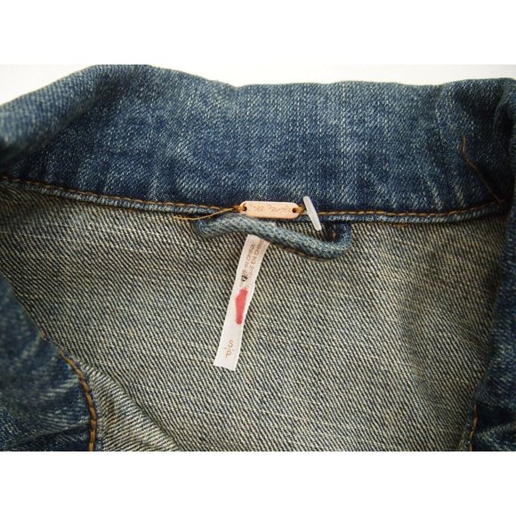 Free People Womens Jacket S Denim Jean Trucker Lace Inset Button Raw Hem - Picture 10 of 12